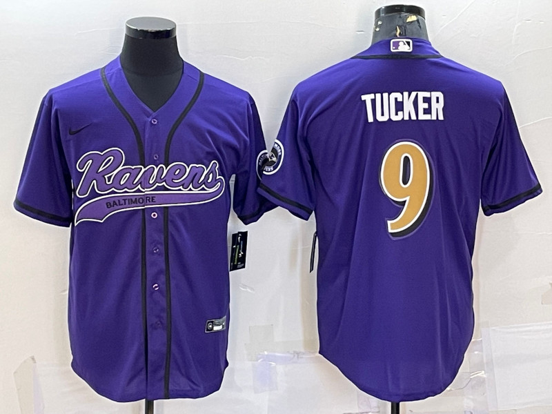 Men's Baltimore Ravens #9 Justin Tucker Purple Gold With Patch Cool Base Stitched Baseball Jersey